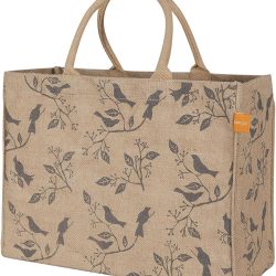 Home Jute Market Tote Bag with Birds Print, Durable Handle, Reinforced Bottom and Interior Zipper Pocket, Generous capacity, 12.5" tall x 17" wide x 7" deep